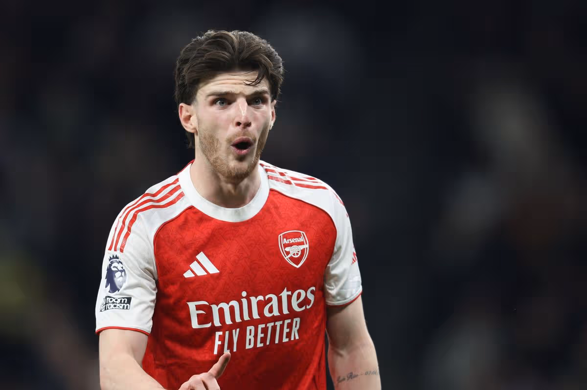 Declan Rice of Arsenal during the Premier League match between Tottenham Hotspur and Arsenal at the Tottenham Hotspur Stadium on February 22, 2026 in London, United Kingdom.