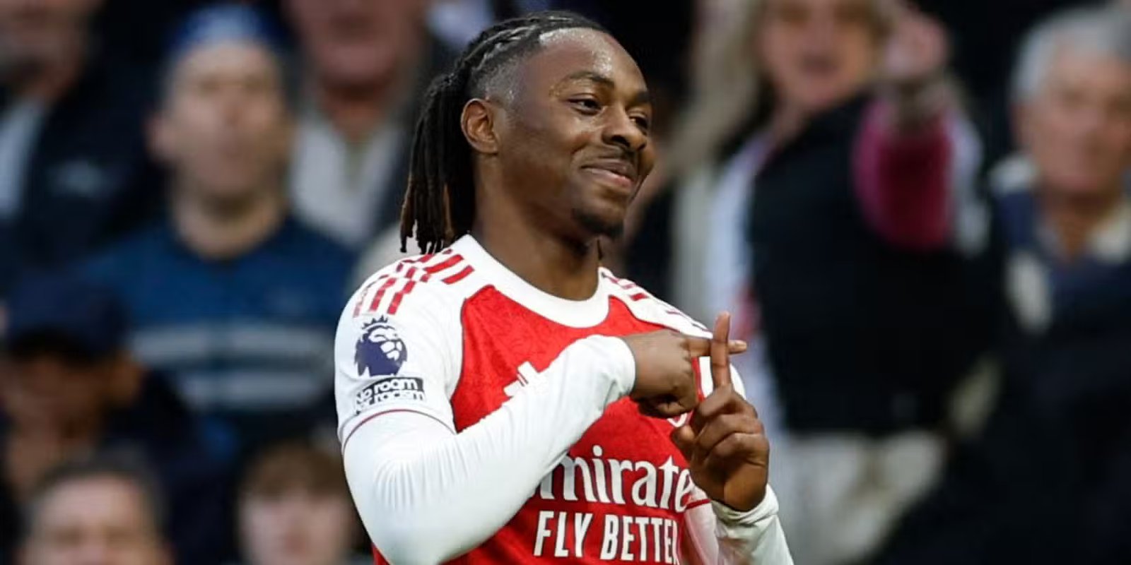 Arsenal's Eberechi Eze celebrates scoring against Tottenham