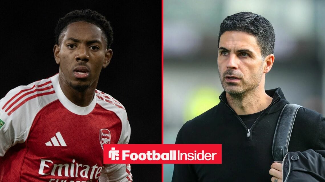 Myles Lewis-Skelly in action for Arsenal, with Mikel Arteta in a circular insert